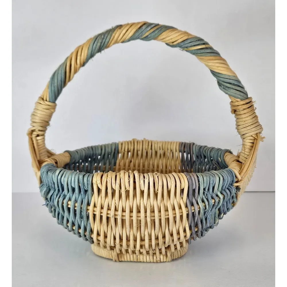 Vintage Small Mini Wicker Baskets Blue Natural Gods Eye Decorative Set‎ of 2